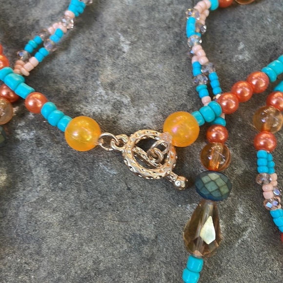 Handmade Boho Necklace Leaf Centre & Peach & Turquoise Beads & Matching Earrings - Picture 11 of 12